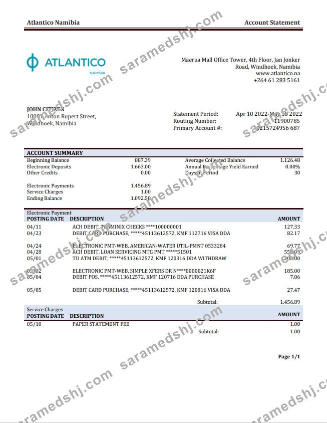 Namibia Atlantico bank statement